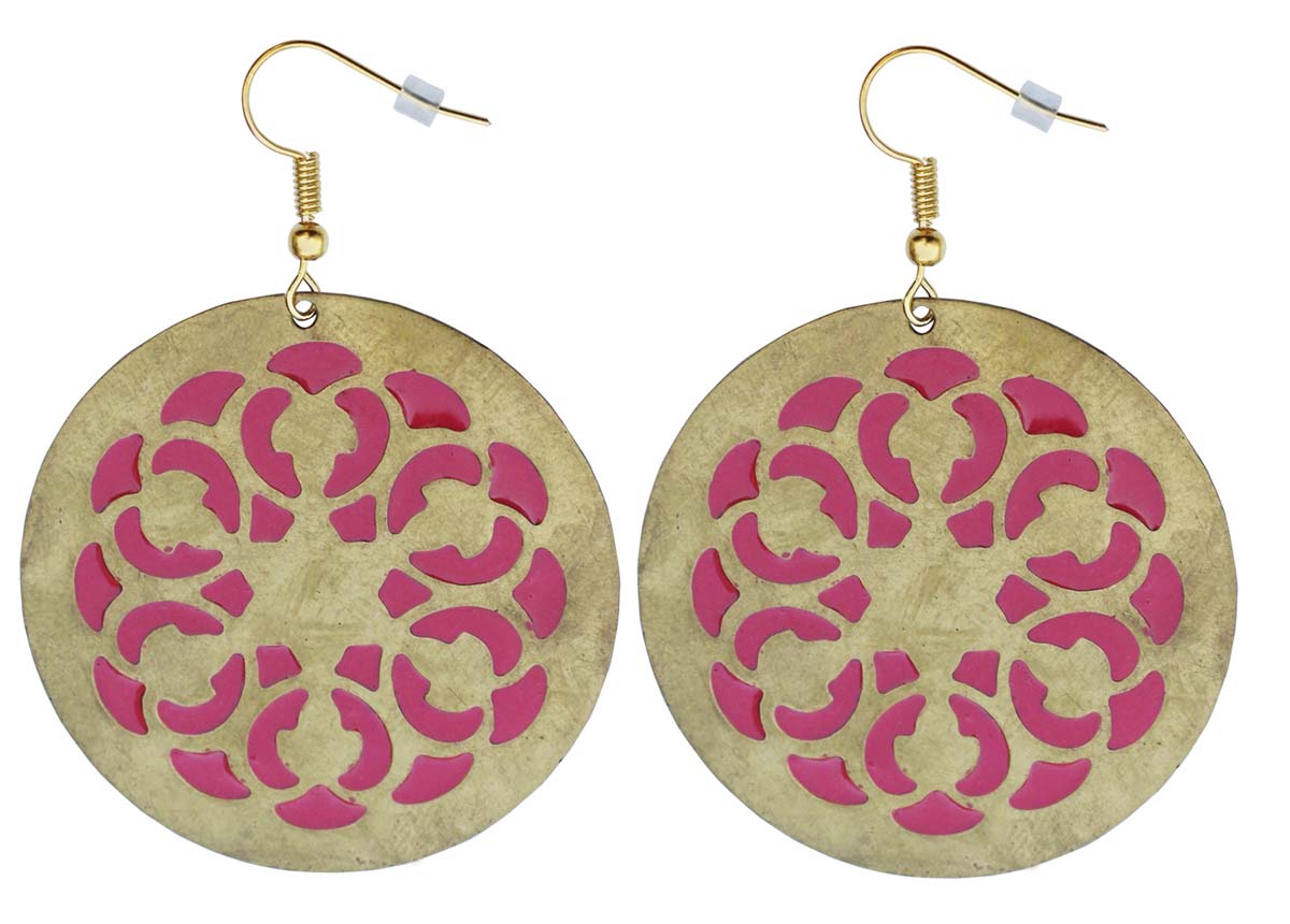 2.5” Round Brass Hook Earrings with Pink Enameled Pattern on Golden - Drop Earrings / Accessories for Her - Buy in Bulk Wholesale